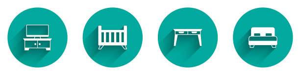 设置电视桌架，婴儿床摇篮床，办公桌和大图标与长阴影。向量图片下载