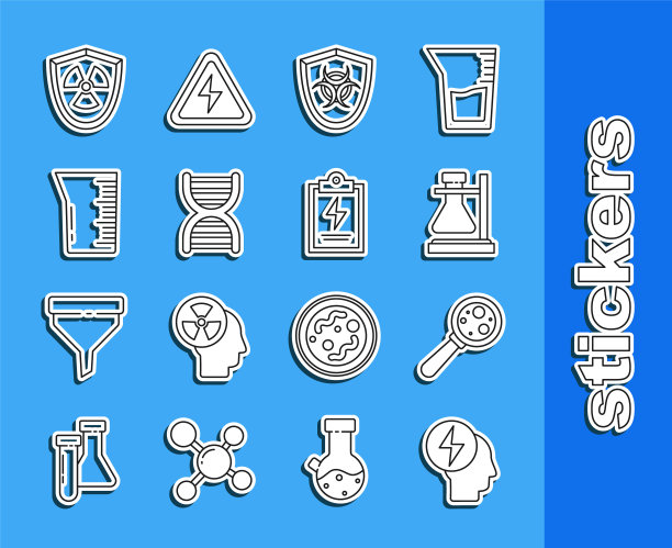 设置线头和电气符号，试管烧瓶在支架上，生物危害屏蔽，DNA，实验室玻璃器皿烧杯，放射性在和带有检查表图标的剪贴板。向量图片下载