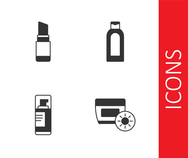 设置防晒乳管，口红，剃须啫喱泡沫和瓶子洗发水图标。向量图片下载