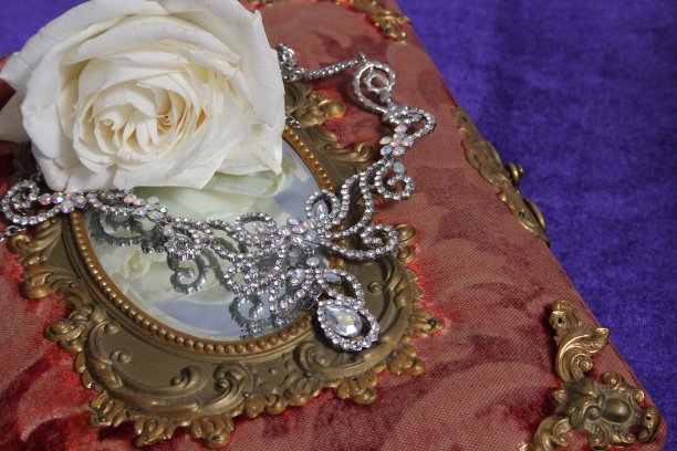 白玫瑰在古董书与水晶莱茵石项链图片下载