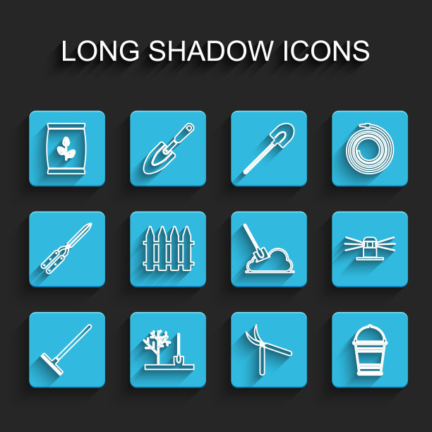 集线花园耙，种植树在地面，肥料袋，园艺手工剪刀，桶，栅栏，自动灌溉洒水器和铲子图标。向量图片下载