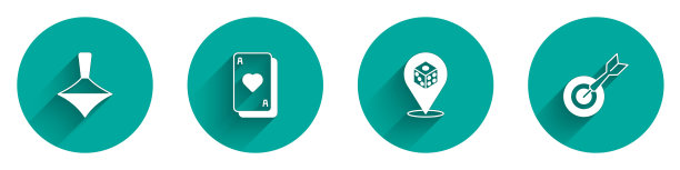 集旋转玩具，扑克牌，游戏骰子和经典飞镖板和箭头图标与长阴影。向量图片下载