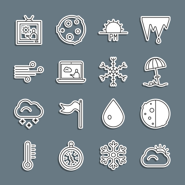 设置线太阳和云，日食的太阳，保护伞的海滩，日落，天气预报，风，和雪花图标。向量图片下载