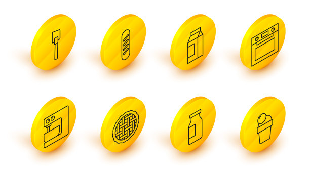 冰淇淋，瓶装牛奶，自制派，电动搅拌机，烤箱，纸质包装，法国法棍面包和抹刀图标。向量图片下载