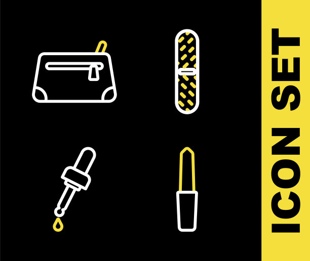 设置线指甲锉，移液器与油和化妆品袋图标。向量图片下载