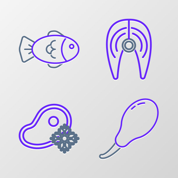 设鸡腿，新鲜冷冻牛排肉，鱼和图标。向量图片下载
