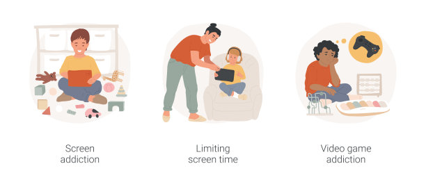数字成瘾孤立的卡通矢量插图集。图片下载