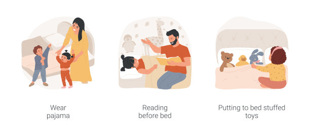 孩子就寝仪式孤立的卡通矢量插图集。图片下载