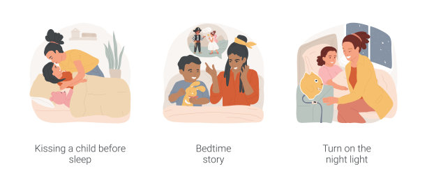 孩子们的就寝仪式孤立的卡通矢量插图集。图片下载