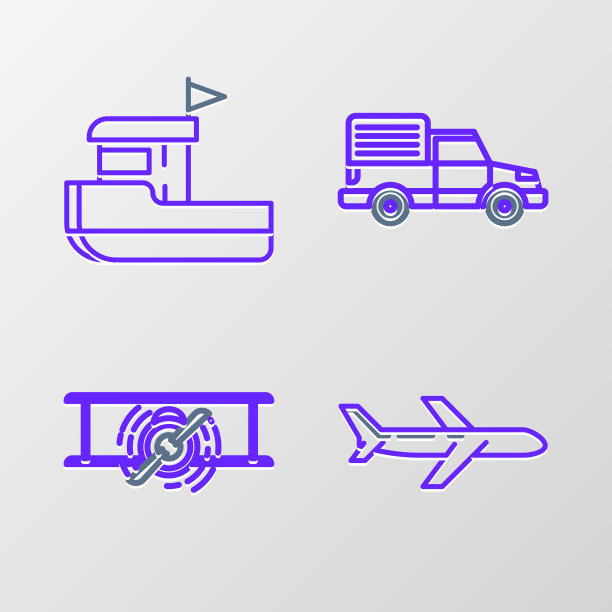 集线飞机，老式复古飞机，运送货物卡车车辆和渔船图标。向量图片下载