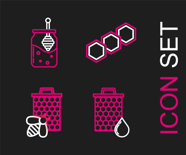 设置线蜂巢，蜜蜂和蜂巢，和罐子的勺棒图标。向量图片下载