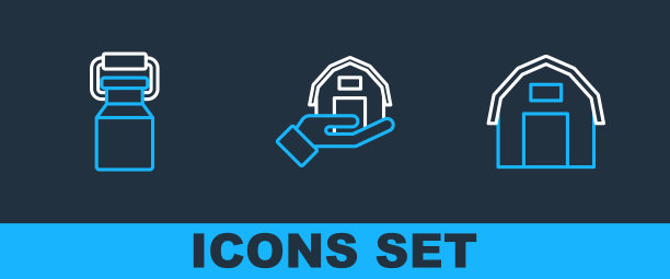 设置线农舍，罐装牛奶容器和手图标。向量图片下载