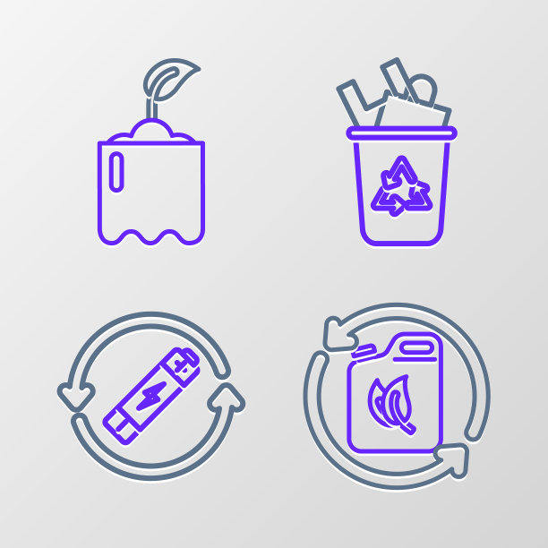 设置线生物燃料罐，电池与回收符号线，回收站和发芽瓶图标。向量图片下载