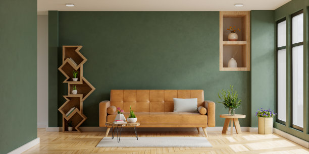 深绿色的墙壁室内客厅有橙色的皮沙发和装饰极少。图片下载