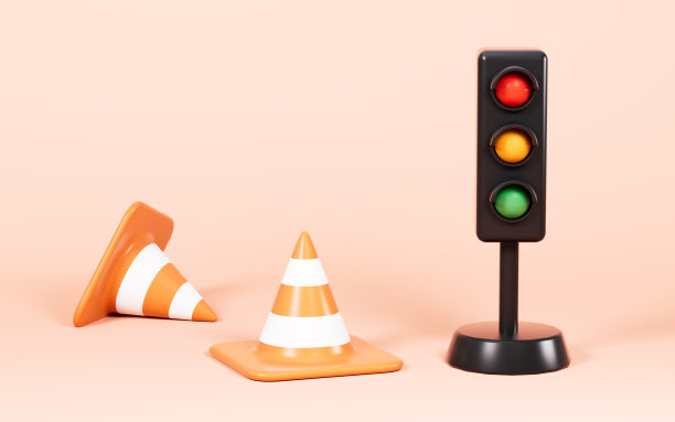 卡通交通锥和交通标志灯，3d渲染。图片下载