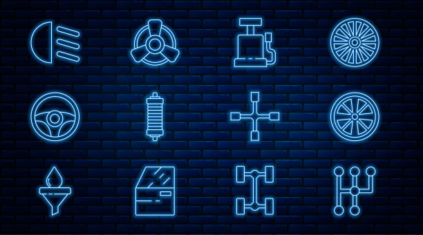 设置线变速杆，合金车轮，汽车气泵，减震器，转向，远光灯，车轮扳手和电机通风机图标。向量图片下载