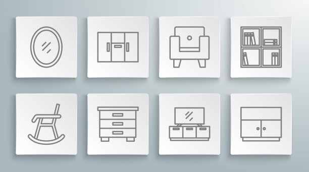 集线扶手椅，衣柜，家具床头柜，电视桌，书架与书籍和镜子图标。向量图片下载