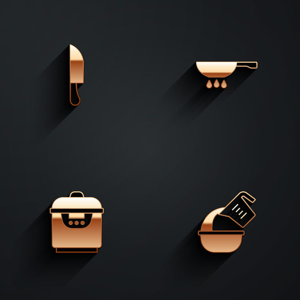 设定刀，煎锅在火上，慢炖锅和量杯和碗图标长阴影。向量图片下载