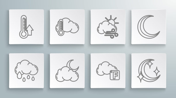 设置线云与雨，温度计和云，月亮星星，华氏度，月亮，刮风的天气，和图标。向量图片下载