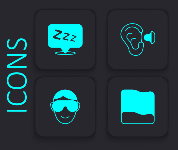 设置枕头，困倦，耳塞和耳朵和眼睛睡眠面膜图标。黑色方形按钮。向量图片下载