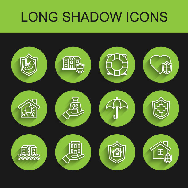 设线房屋洪水，在手，人寿保险与盾牌，钱，和伞图标。向量图片下载