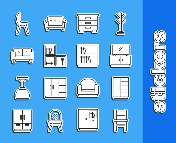 集线椅子，衣柜，电视桌架，家具床头柜，书架，沙发，扶手椅和图书馆书架图标。向量图片下载