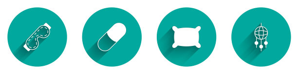 设置眼睛睡眠眼罩，安眠药，枕头和捕梦网与羽毛图标长阴影。向量图片下载