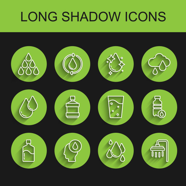 设置线大瓶清洁水，水滴，淋浴，瓶子和玻璃图标。向量图片下载