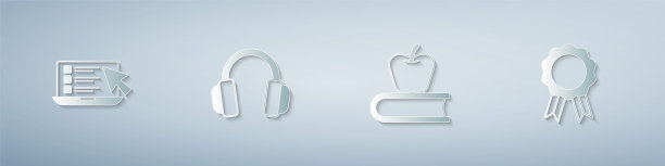 设置在线测验，测试，调查，耳机，书与苹果和教育文凭。纸艺风格。向量图片下载