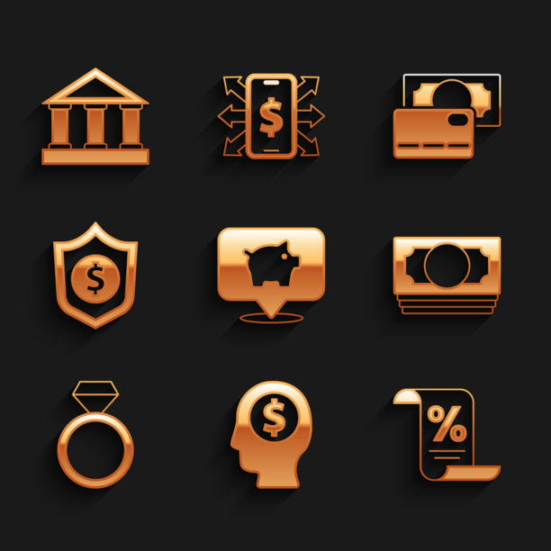 集储蓄罐，商人计划的头脑，财务文件，堆栈纸币现金，钻石订婚戒指，盾牌与美元，信用卡和银行建筑图标。向量图片下载