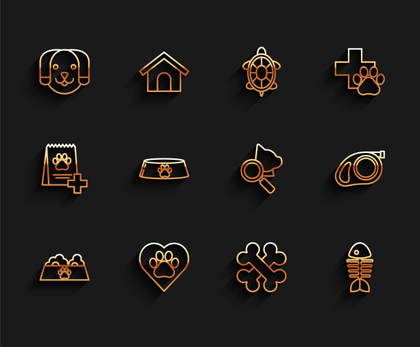 设置线宠物食品碗的猫或狗，心脏与动物足迹，狗，交叉的骨头，鱼骨架，可伸缩绳牵引钩和兽医诊所符号图标。向量图片下载