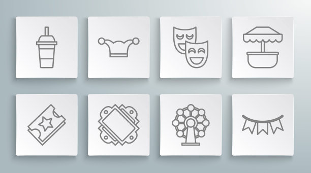 设置线票，小丑帽铃铛，摩天轮，嘉年华花环旗，喜剧戏剧面具，景点旋转木马和纸玻璃饮用吸管水图标。向量图片下载