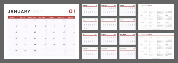 2024 - 2025日历规划模板。矢量布局的墙或书桌简单的日历与周开始星期一。一套每月和每年的页面日历在极简主义的企业设计印刷。图片下载