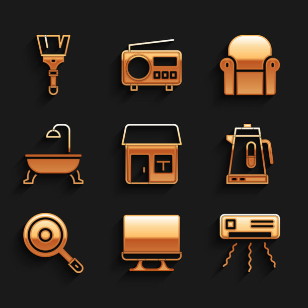 集房子，智能电视，空调，电水壶，煎锅，浴缸，扶手椅和油漆刷图标。向量图片下载