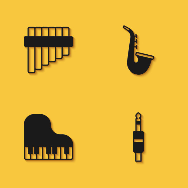 集排箫，音频插孔，大钢琴和萨克斯管图标长阴影。向量图片下载