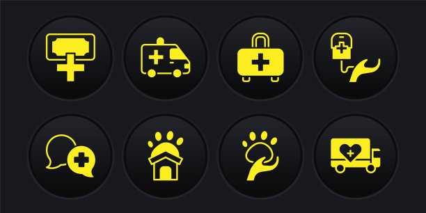 设置对话与医生，献血，动物收容所的房子，志愿者，急救箱，救护车，人道主义卡车和捐赠和慈善图标。向量图片下载