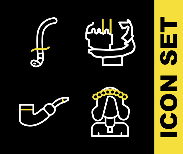 设置线纪念碑基辅的创始人，乌克兰妇女，吸烟的烟斗和中世纪的剑图标。向量图片下载