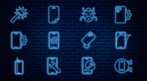 电话维修服务，玻璃屏幕保护膜，系统bug，智能家居手机，锤子，防震手机和图标。向量图片下载