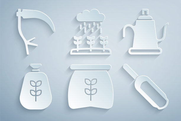 设置面粉袋，浇水罐，勺子，植物发芽生长的雨水和镰刀图标。向量图片下载