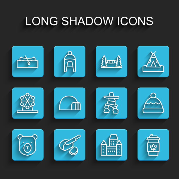 设线熊头，豌豆培根，皮艇或独木舟，Chateau Frontenac酒店，咖啡杯带走，冰屋，豆豆和Inukshuk图标。向量图片下载