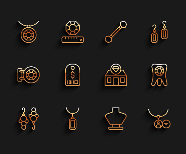 套线耳环，吊坠项链，项链人体模型，吊坠盒，价格标签与美元，牙齿钻石和珠宝店的图标。向量图片下载