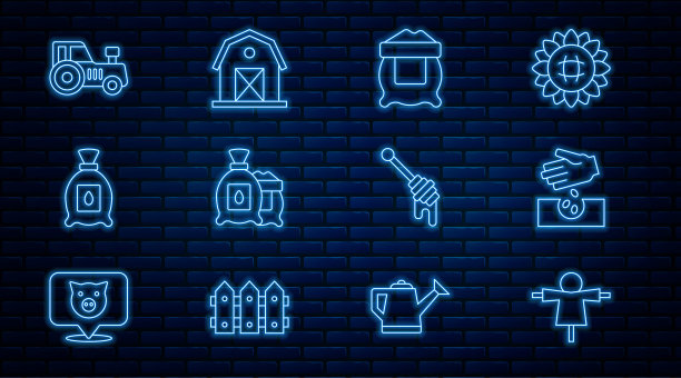 设线稻草人，种子，面粉袋，装满种子植物，拖拉机，蜂蜜勺棒和农场的房子图标。向量图片下载