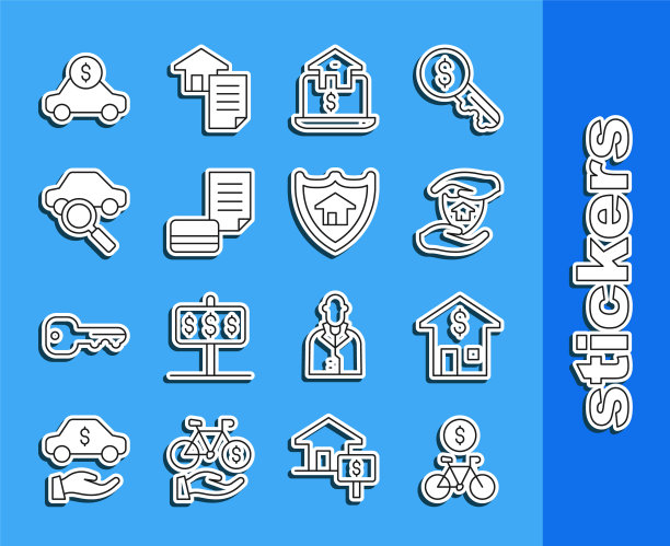 固定线自行车租赁移动应用程序，房子与美元，盾牌，在线房地产，信用卡，汽车共享，和图标。向量图片下载