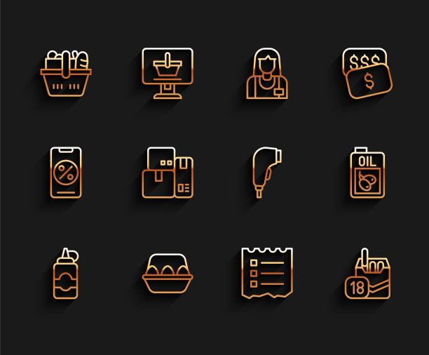 设置线酱瓶，鸡蛋盒，购物篮和食品，清单，香烟包装，收银机，橄榄油瓶和扫描仪扫描条形码图标。向量图片下载
