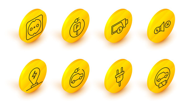 设置线路电动汽车，插头，充电停车电动，电机，低电池，和电源插座图标。向量图片下载