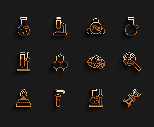 设置线酒精或酒精燃烧器，试管，瓶架，DNA符号，化学式，微生物在放大镜和放射性图标。向量图片下载