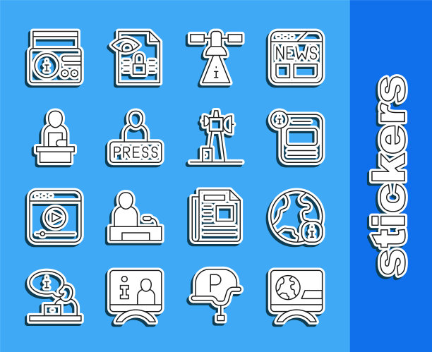 设置线突发新闻，世界，信息，卫星，记者，新闻广播频道和天线图标。向量图片下载