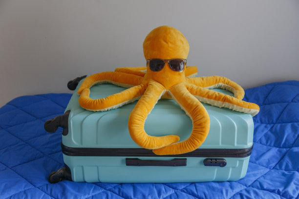 沙发上放着一只手提箱和一只海洋玩具章鱼。暑假图片下载