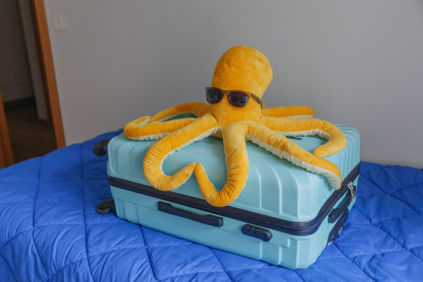 沙发上放着一只手提箱和一只海洋玩具章鱼。暑假图片下载