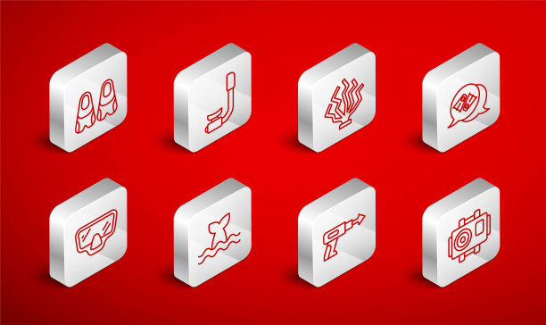 设置线照片相机潜水员，浮潜，珊瑚，鳍游泳，钓鱼鱼叉，鲸尾和潜水面具图标。向量图片下载